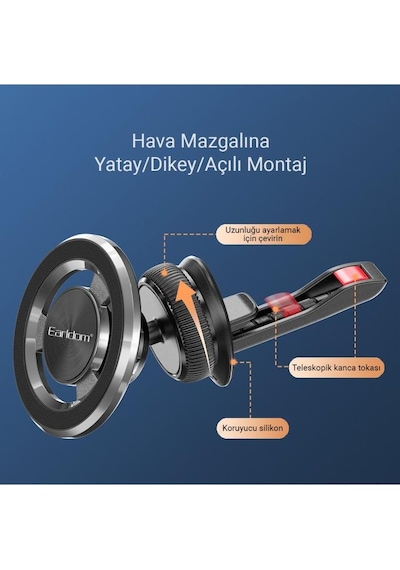 Eh213 Izgara Klipsli Manyetik Mıknatıslı Magsafe Araç İçi Telefon Tutucu Siyah