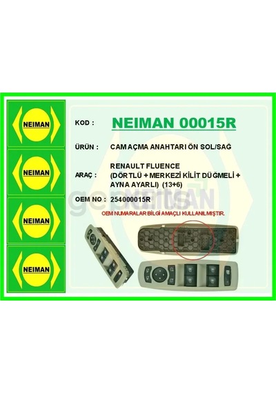 Cam Açma Anahtari Ön Sol / Sağ Renault Fluence Dörtlü Merkezi Kilit Düğmeli Ayna Ayarlı 13 6