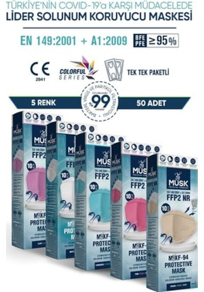 Musk Kf94 Kore Tipi Ffp2 Maske 5 Renk 50 Adet (Lila, Beyaz