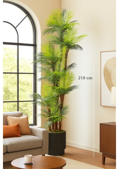 Premium Areka Palmiye Yapay Ağaç 210 Cm 7 Gövdeli 63 Yapraklı Antrasit Saksılı Salon Dekoru Gri