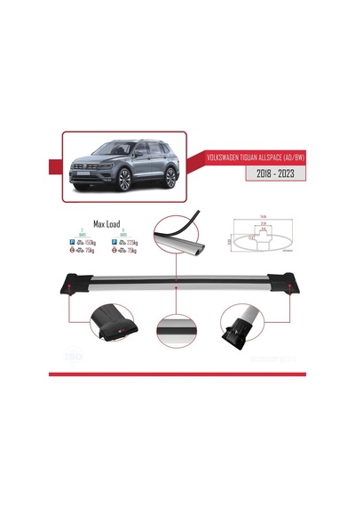 Volkswagen Tiguan Allspace Ad/bw 2018-2023 Arası İle Uyumlu Fly Model Ara Atkı Tavan Barı Gri