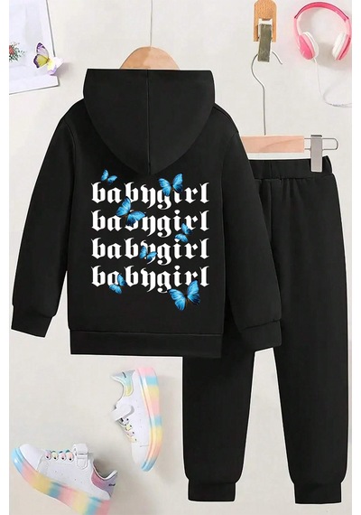 Uyguntarz Babygirl Baskılı Çocuk Rahat Eşofman Takımı Siyah