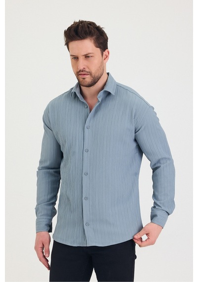 Cool Tarz Erkek Kendinden Çizgi Detaylı Slim Fit Dar Kalıp Uzun Kol Gömlek Mavi Mavi
