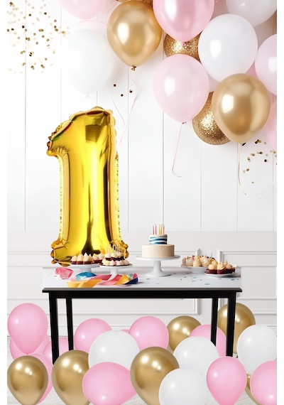 1 Yaş Retro Krom Gold Pembe Beyaz Balon Seti Gold Rakamlı Doğum Günü Balonu Şık Parti Süsleme Çok Renkli