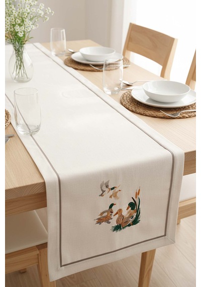 Kuş Nakışlı Runner 50x130 Cm Krem