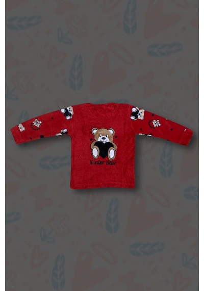 Kız Çocuk Göz Bantlı Peluş Polar Pijama Takımı Koyu Kırmızı