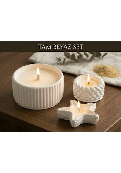 Dekoratif Taş 3'lü Set Amber Sandal Ve Gül Kokulu Mumluk Ve Mum 001 - Beyaz
