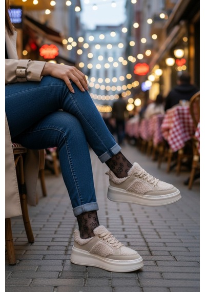 Muggo Fleecy Kalın Taban Bağcıklı Peluş Detaylı Kadın Kışlık Sneaker Spor Ayakkabı Bej