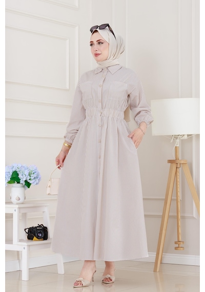 Sevitli Boydan Düğmeli Çizgili Elbise-taş-5129 Taş