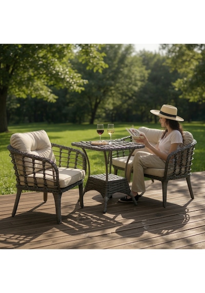 Tu Tienda Kartepe 2 1 1 Sehpa 60 90 Rattan Bahçe Balkon Takimi,antrasit Rattan/gri Kumaş Gri