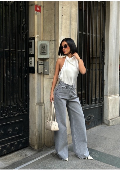 Meecy Kadın Baggy Jean Yüksek Bel Palazzo Esnek Kot Pantolon Buz Gri Buz Gri
