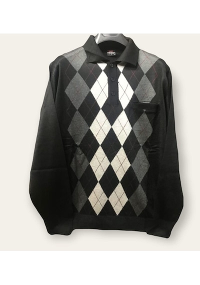 Nacar Store Erkek Desenli Polo Yaka Ince Yün Triko Düğmeli Baba Kazak Siyah Nacar Store Erkek Desenli Polo Yaka Ince Yün Triko Düğmeli Baba Kazak Siyah