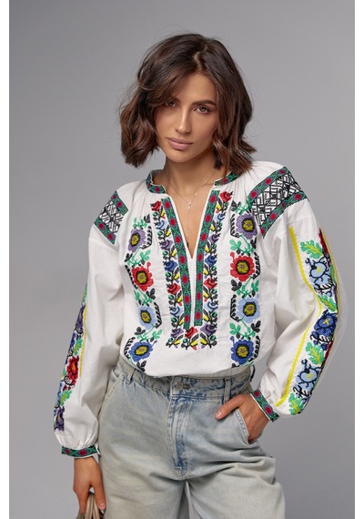 Femelle Kadın Kanaviçe Nakış İşlemeli Vintage Pamuklu Bluz Ekru