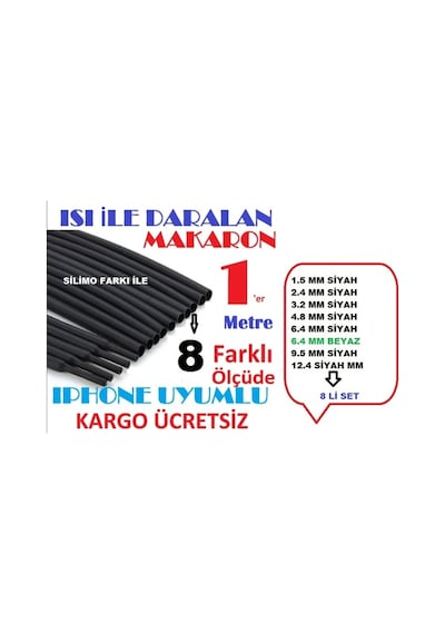 8 Li Set Isıyla Daralan Makaron Kablo Seti 8 Çeşit 1 Er Met