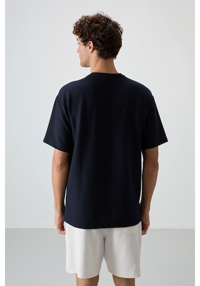 Air Jones Tommy Life Lacivert Waffle İnterlok Yüzeyi Dokulu Oversize Fit Basic Erkek T-shirt - 88380 Lacivert