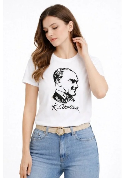 Suma Atatürk Baskılı Beyaz Kısa Kollu Bisiklet Yaka Tişört
