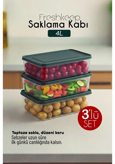 3'lü Saklama Kabı 4 Litre Derin Dondurucu Mikrodalga Uyumlu Gri