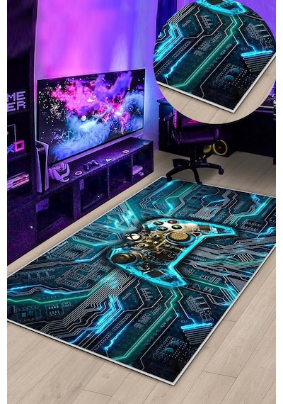 West Home Gamer Halısı Yıkanabilir Kaymaz Taban Led Işık Görselli Genç Odası Için Oyuncu Halısı Wh 547 Green