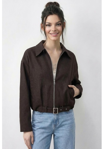 Shade Kadın Oversize Kemer Detaylı Fermuarlı Astarlı Denim Bomber Ceket 2917 60286040 - Kahverengi