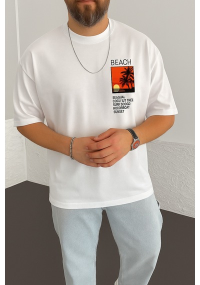 Beach Baskılı Oversize Unisex Tişört BEYAZ