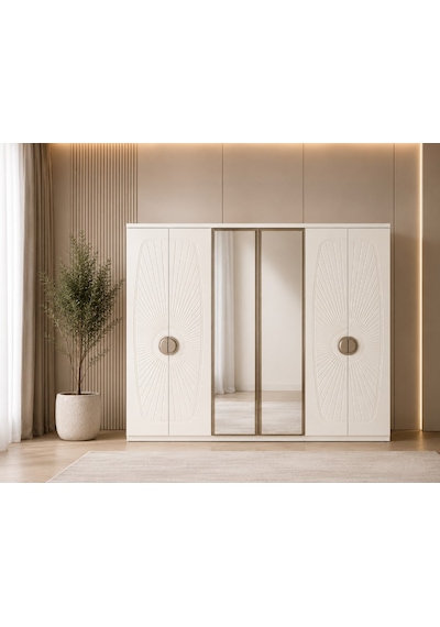 Darius Tamamı Mdf 6 Membranlı Kapaklı Reflekte Camlı Gardırop Dolap Beyaz
