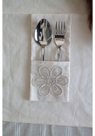 Çiçek Dantelli Krem Keten Kaşıklık Servis Sunum Table 6 Adet Krem