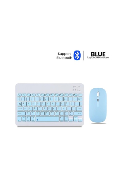 Samsung Uyumlu Galaxy A11+ Plus Uyumlu Standlı Tablet Kılıfı + Kablosuz Klavye Mouse Set Mavi Diğer