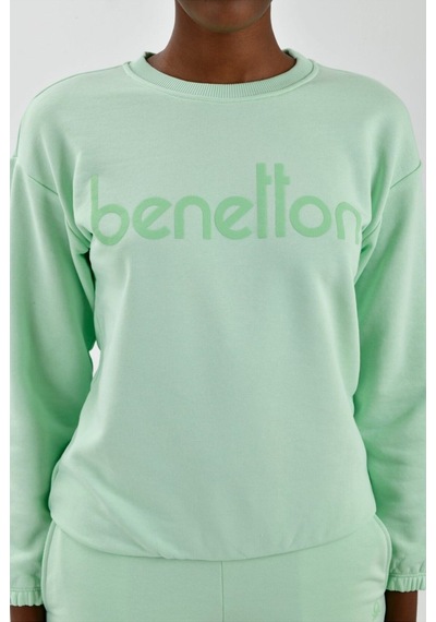 United Colors of Benetton Kadın Önü Logo Baskılı Bisiklet Yaka Sweatshirt Mint