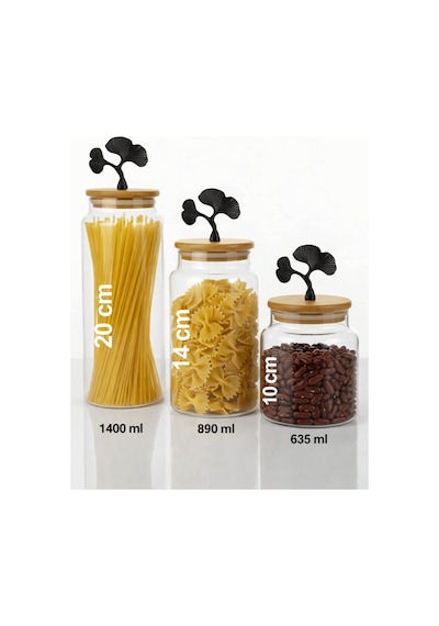 3'lü Bambu Kapaklı Mat Siyah Ginkgo Figürlü Şeffaf Cam Kavanoz Cam Saklama Kabı 635/890/1400ml Çok renkli
