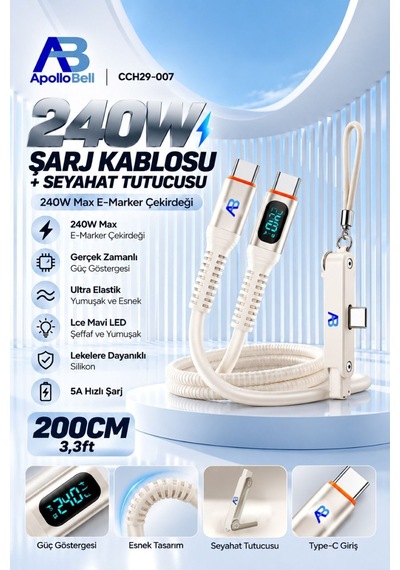 Apollobell Cch29-007 240w Şarj Kablosu + Seyahat Tutucusu