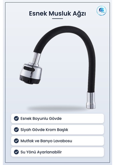 Siyah Kubar Esnek Mutfak Musluk Ağzı Krom Başlıklı Su Çıkışı Bany