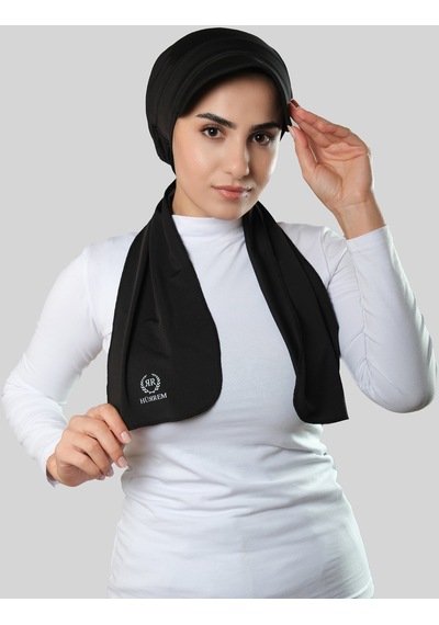 Hürrem Bone Siyah Şapkalı Atkılı Geçmeli Tesettür Bone Swimmy Logolu 2321 01 Siyah