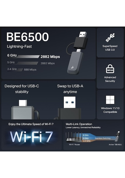 Archer Tbe400u Usb 3.0 Wi-fi 7 Tri-band Kablosuz Adaptör, Be6500, 6 Ghz/5 Ghz/2.4 Ghz, 72x24x10.8 Mm