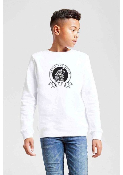 Tshirthane Göktürk Tengri Biz Menen Baskılı Unisex Çocuk Beyaz Sweatshirt Beyaz