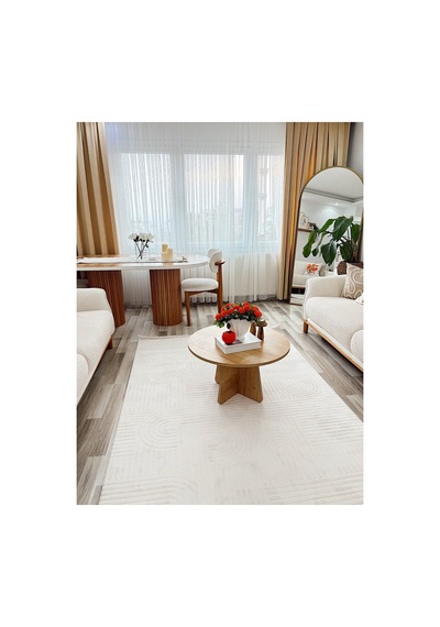 Alize Modern Geometrik Kabartmalı Krem Halı - Saçaklı İskandinav Tarzı Salon Oda Halısı Krem