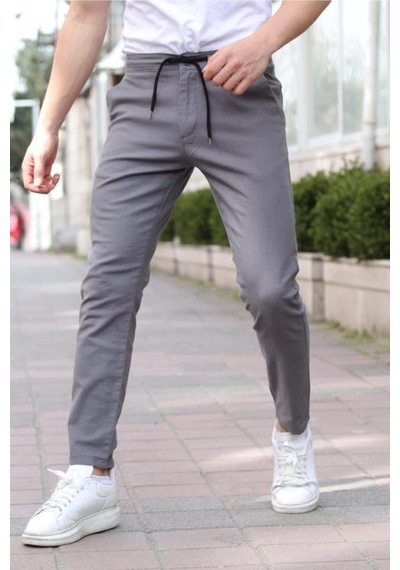 Tarz Cool Erkek Eganis Ipli Jogger Düğmeli Kumaş Pantolon Mat Gri
