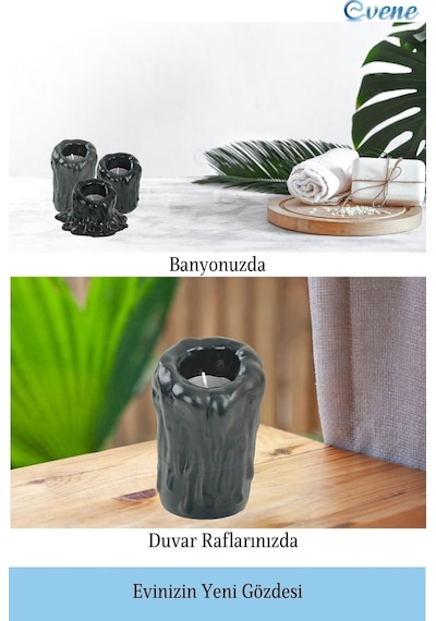 Mumluk Şamdan 3 Adet Tealight Uyumlu Üçlü Tüm Boylar Erimiş Mum Model - Siyah