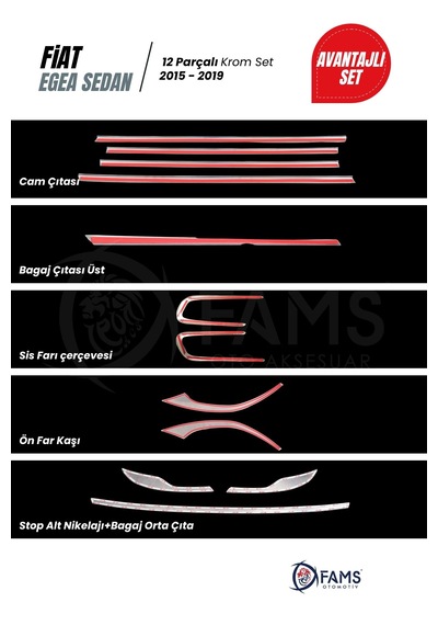 Fiat Egea 2015-2019 Sedan 12 Parça Krom Set Cam Çıtası-bagaj Çıtası Üst-sis Farı-ön Far Alt-stop Alt Nikelajı P.çelik