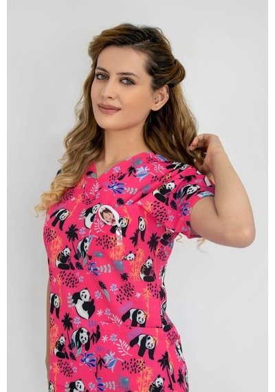 Pembe Panda Desen Cerrahi Doktor Hemşire Hastane Aşçı Likralı Forma Alt Üst Takım Karma Karma