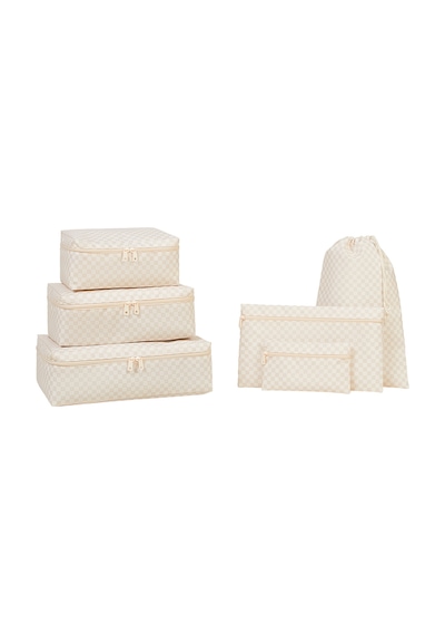 Ocean Home Textile 6'lı Yıkanabilir Bej Dama Desen Pamuklu Bavul İçi Düzenleyici Set Bej