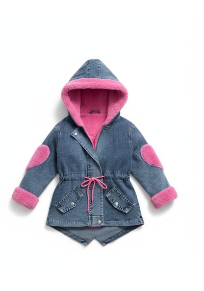 Reiz Kız Çocuk Peluş Astarlı Kalp Detaylı Kot Mont Mavi - Pembe