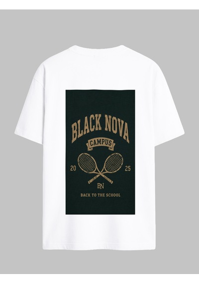 Black Nova Oversize Baskılı Unisex Tişört Campus Tennis Beyaz