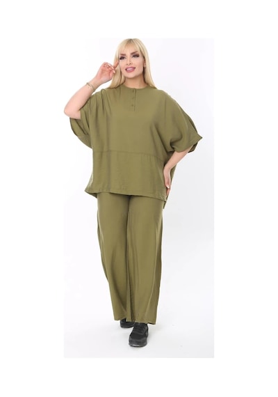 Mia Butik Büyük Beden Haki Yuvarlak Yaka Salaş Takım Haki