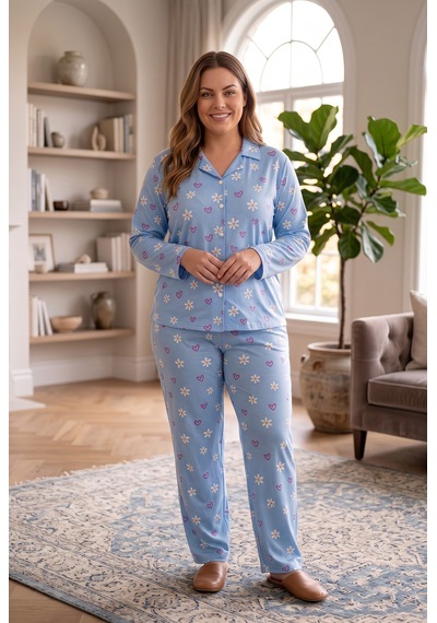 Seboteks Süet Kumaş Önden Düğmeli Büyük Beden Kadın Pijama Takımı 2800 Mavi