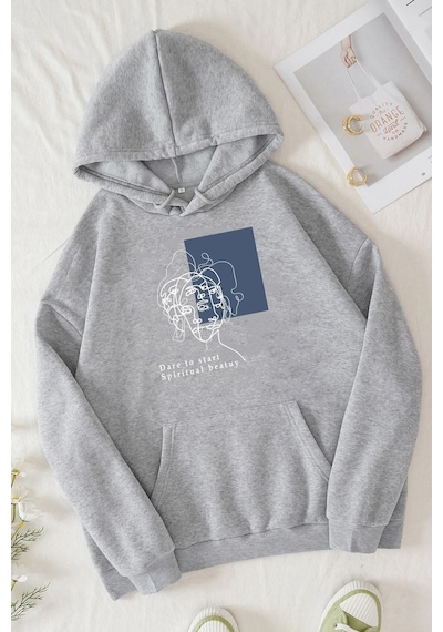 Uyguntarz Unisex Minimal Line Drawing Baskılı Sweatshirt Gri