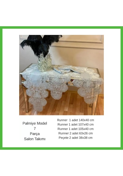 Vaveni Keten Palmiye Model Gri 5 Parça Masa Örtüsü Runner Seti Salon Takımı Arz