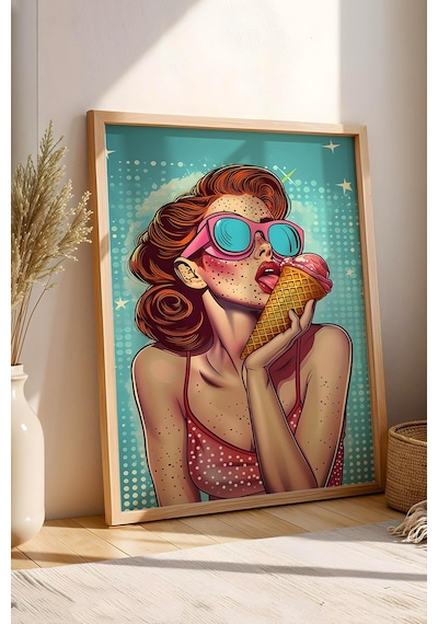 Dondurma Yiyen Kadın Çerçeveli Tablo - Pop Art Poster Tablo