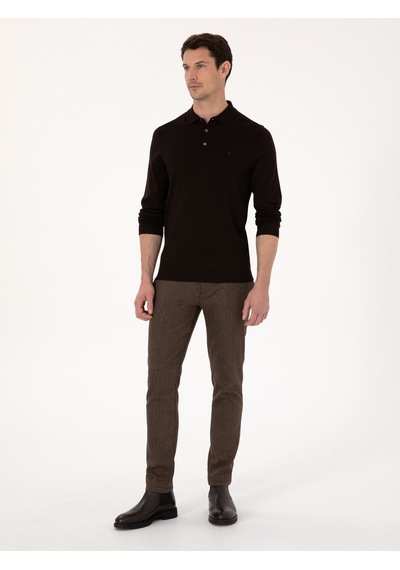 Cacharel Kahverengi Slim Fit Yün Karışımlı Balık Sırtı Kanvas Pantolon