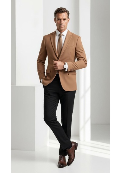Plus Scorpion Slim Fit Pike Dokuma Erkek Blazer Ceket Modern Şık Günlük Kombin Taba