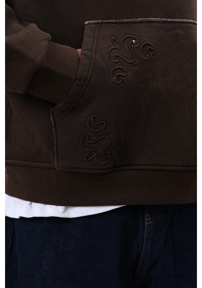 Vamos Oversize Nakış Detaylı Hoodie Kahve